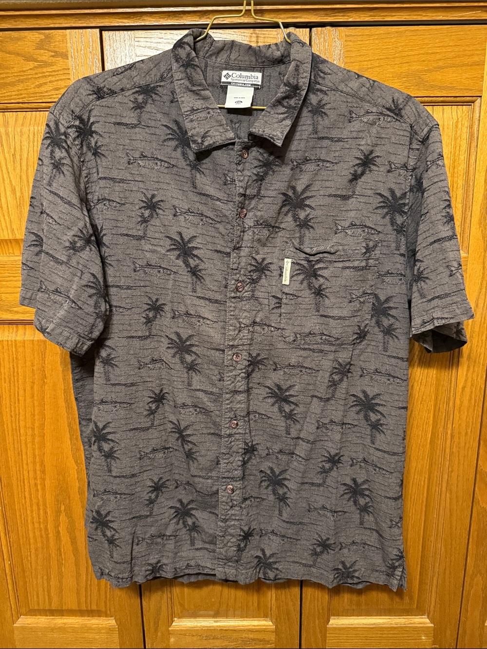 Columbia Short Sleeve Palm-Print Button-Up Shirt - Gray/ XXL